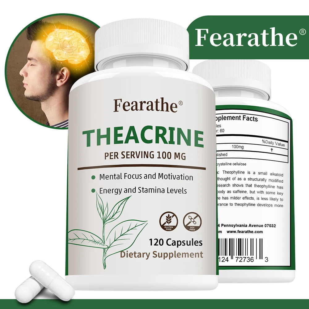Teacrine 100 Mg, 120 Capsules - Brain Supplement for Stress Relief, Energy and Focus, Alertness