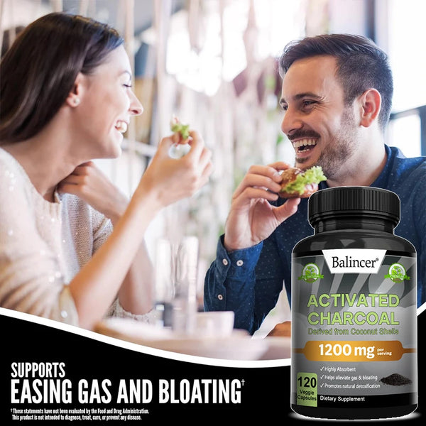 Activated Charcoal Capsules 1,200 Mg - Organic Coconut Shell, Helps Relieve Gas & Bloating, Detox & Bowel, Digestive Supplement