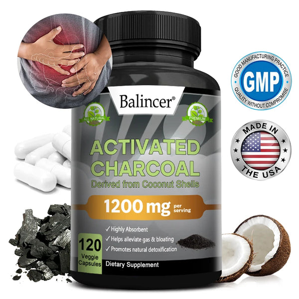 Activated Charcoal Capsules 1,200 Mg - Organic Coconut Shell, Helps Relieve Gas & Bloating, Detox & Bowel, Digestive Supplement