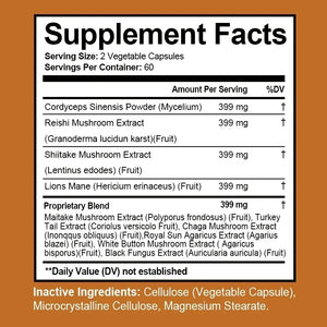 Mushroom Complex Capsules - Cordyceps Reishi, Immunity, Stress, Energy, Mental Clarity and Focus Support - Brain Supplement