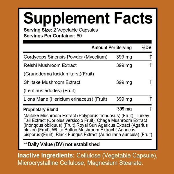 Mushroom Complex Capsules - Cordyceps Reishi, Immunity, Stress, Energy, Mental Clarity and Focus Support - Brain Supplement