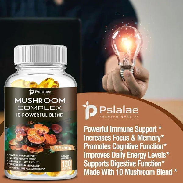Mushroom Complex Capsules - Cordyceps Reishi, Immunity, Stress, Energy, Mental Clarity and Focus Support - Brain Supplement