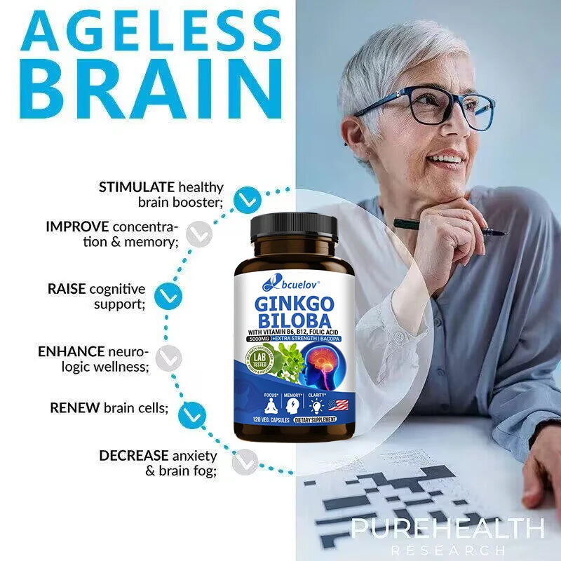 Ginkgo Biloba + 5000mg Supplement - Vitamin B6 B12 Folic Acid Bacopa Gotu Kola - Brain Focus Memory