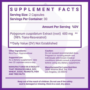 High Purity Resveratrol, Trans-Resveratrol Supplement - High Potency Antioxidant, Supports Brain Health 60 Capsules