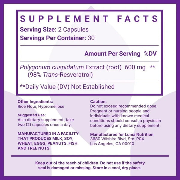 High Purity Resveratrol, Trans-Resveratrol Supplement - High Potency Antioxidant, Supports Brain Health 60 Capsules