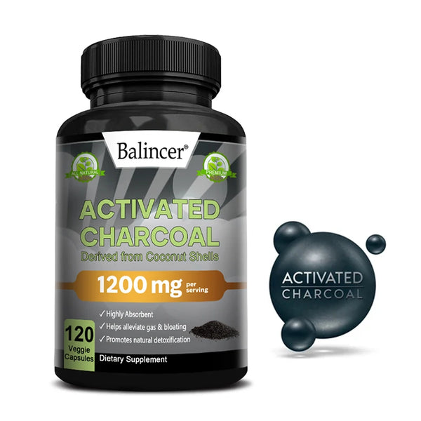 Activated Charcoal Capsules 1,200 Mg - Organic Coconut Shell, Helps Relieve Gas & Bloating, Detox & Bowel, Digestive Supplement