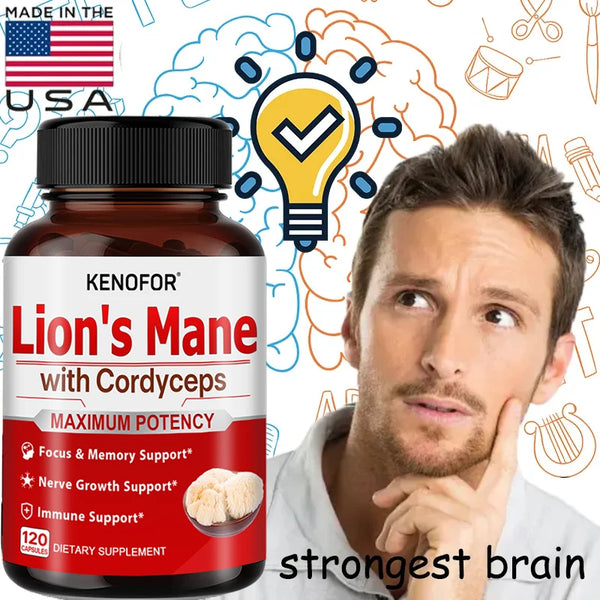 Lion's Mane Mushroom Extract Supplement for Mood and Sleep Health, Support Immune Health,Non-GMO, Gluten-free, Vegan Capsules
