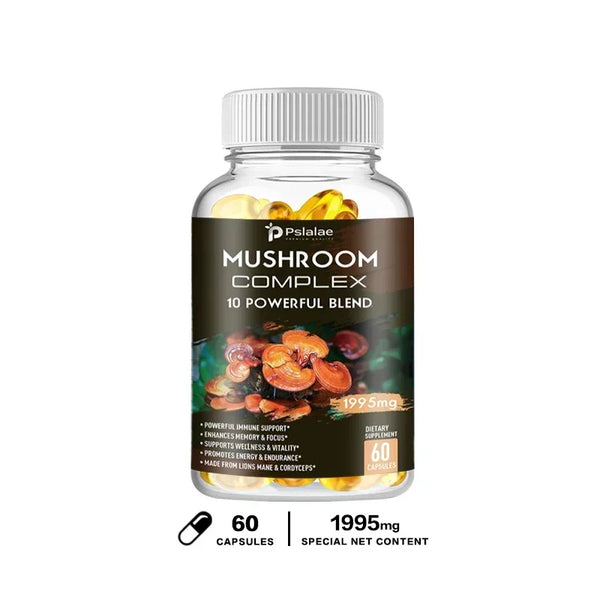 Mushroom Complex Capsules - Cordyceps Reishi, Immunity, Stress, Energy, Mental Clarity and Focus Support - Brain Supplement