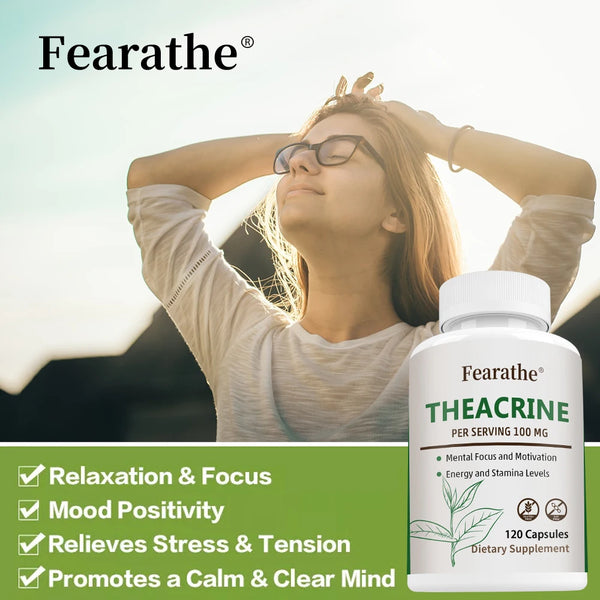 Teacrine 100 Mg, 120 Capsules - Brain Supplement for Stress Relief, Energy and Focus, Alertness