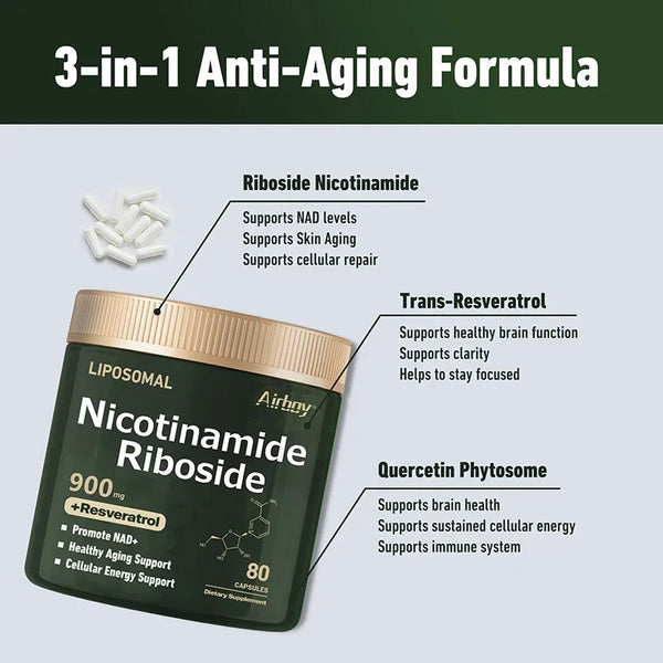 80pcs NAD+Supplement - Liposomal Nicotinamide Nucleoside 900mg Resveratrol Quercetin