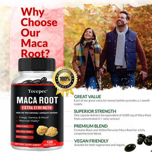 Black Maca Root, Natural Energy Supplement, Helps Relieve Fatigue, Boosts Energy, Improves Blood Sugar, 120 Veggie Capsules