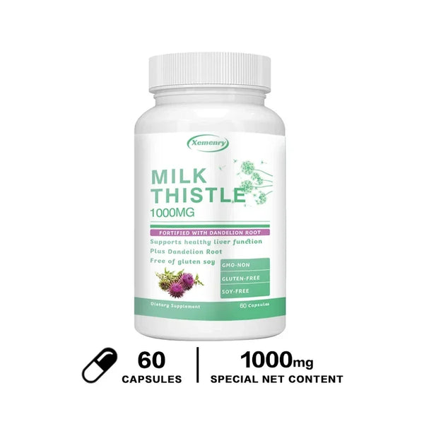 Milk Thistle Capsules 1000mg - with Dandelion Root - Liver Detox and Cleanse, Promotes Skin and Digestive Health Supplement