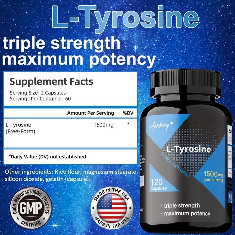 L-Tyrosine Supplement - Support Memory, Mental Clarty, Alertness, Brain Function, Boosts Energy, Immunity - Vegetarian Capsules