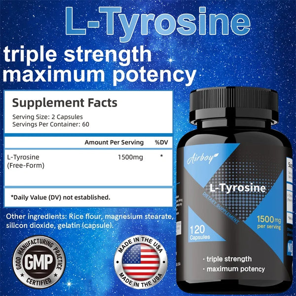 L-Tyrosine Supplement - Support Memory, Mental Clarty, Alertness, Brain Function, Boosts Energy, Immunity - Vegetarian Capsules