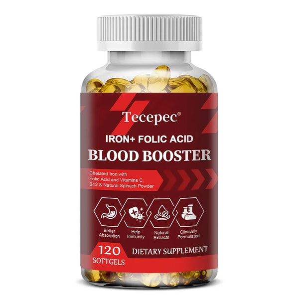 Iron + Folic Acid Supplement, with Vitamin C, B12 & Zinc, Blood Strengthener, Circulation Support Immune Support