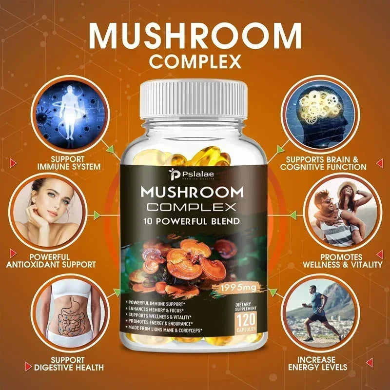 Mushroom Complex Capsules - Cordyceps Reishi, Immunity, Stress, Energy, Mental Clarity and Focus Support - Brain Supplement