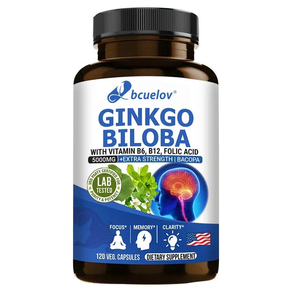 Ginkgo Biloba + 5000mg Supplement - Vitamin B6 B12 Folic Acid Bacopa Gotu Kola - Brain Focus Memory