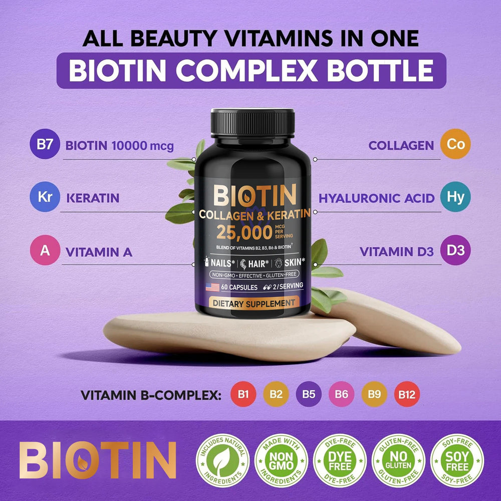 Biotin Collagen & Keratin 25000 mcg Vitamins B2, B3, B6 - Non-GMO Dietary Supplement for Hair Growth Support