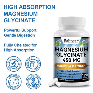 Magnesium Glycinate Supplement 450mg, Helps with Muscle, Nerve Health, Nutritional Absorption and Sleep Quality