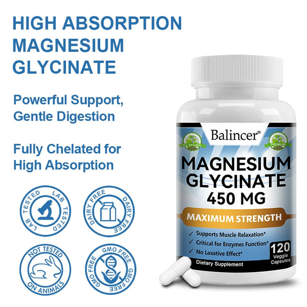 Magnesium Glycinate Supplement 450mg, Helps with Muscle, Nerve Health, Nutritional Absorption and Sleep Quality