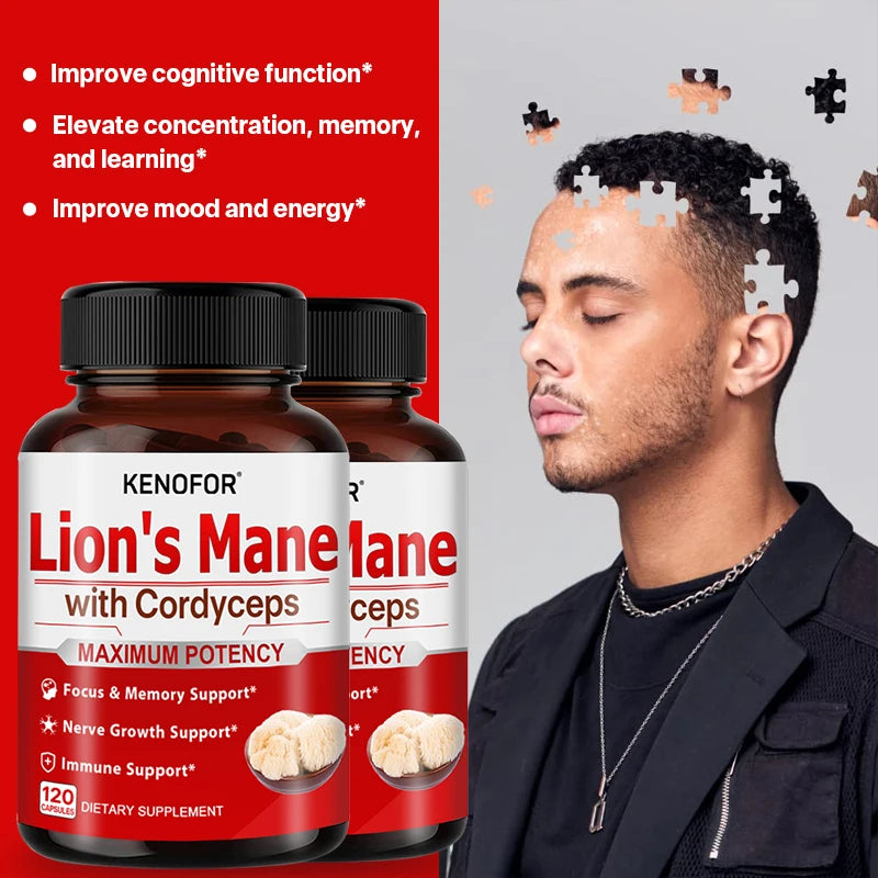 Lion's Mane Mushroom Extract Supplement for Mood and Sleep Health, Support Immune Health,Non-GMO, Gluten-free, Vegan Capsules