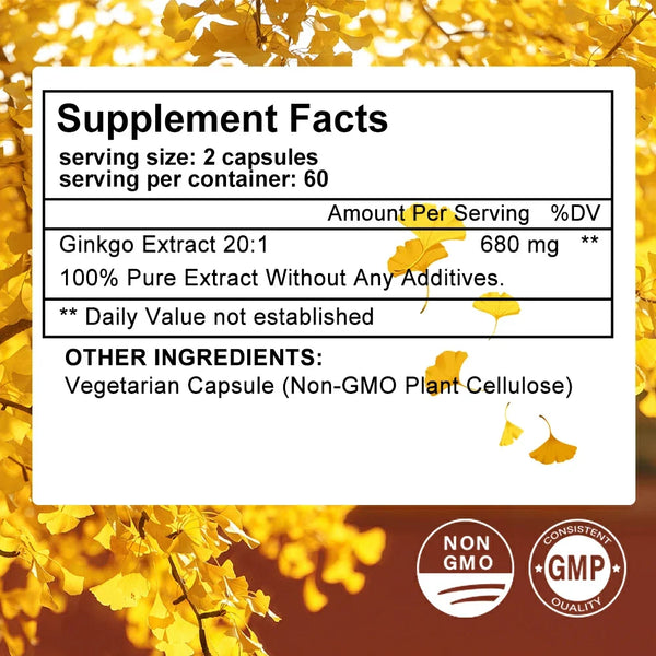Organic Ginkgo Biloba helps maintain alertness and sharpness, improves concentration and memory, vegetarian dietary supplement