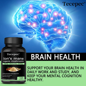 Lion's Mane Organic Mushrooms Supplements - Strength, Memory, Focus, Brain Supplements, Immune System, Nerve Health