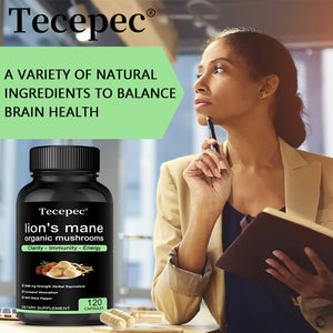 Lion's Mane Organic Mushrooms Supplements - Strength, Memory, Focus, Brain Supplements, Immune System, Nerve Health