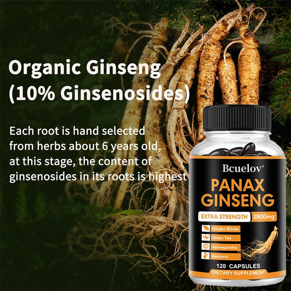 Ginseng Root + Ginkgo Biloba Supplement - Helps Improve Muscle Strength, Relieve Fatigue, Increase Energy, Focus and Vitality