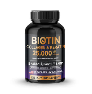 Biotin Collagen & Keratin 25000 mcg Vitamins B2, B3, B6 - Non-GMO Dietary Supplement for Hair Growth Support