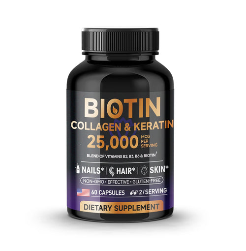Biotin Collagen & Keratin 25000 mcg Vitamins B2, B3, B6 - Non-GMO Dietary Supplement for Hair Growth Support