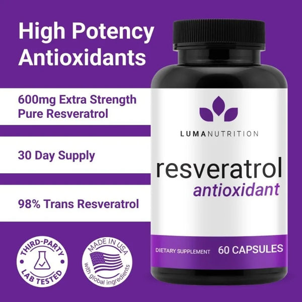High Purity Resveratrol, Trans-Resveratrol Supplement - High Potency Antioxidant, Supports Brain Health 60 Capsules