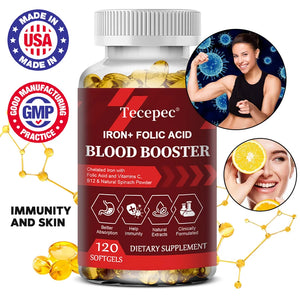 Iron + Folic Acid Supplement, with Vitamin C, B12 & Zinc, Blood Strengthener, Circulation Support Immune Support