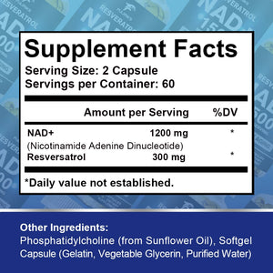 NAD+ and Resveratrol Supplement To Help Support Cell Regeneration, Natural Energy, Focus and Memory