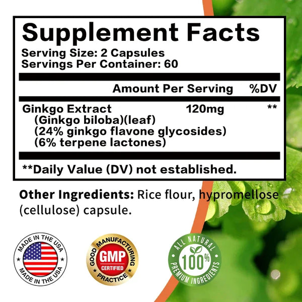 Ginkgo Biloba Capsules - Brain Supplement, Brain Function, To Enhance Memory and Concentration